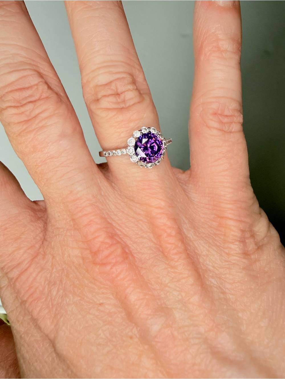 Sterling Silver Purple Halo Solitaire Ring - Amethyst Color